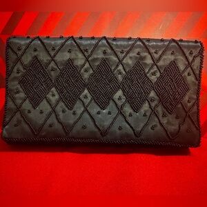 Vintage Handmade Beaded Black Clutch Purse – Satin– Made in Hong Kong